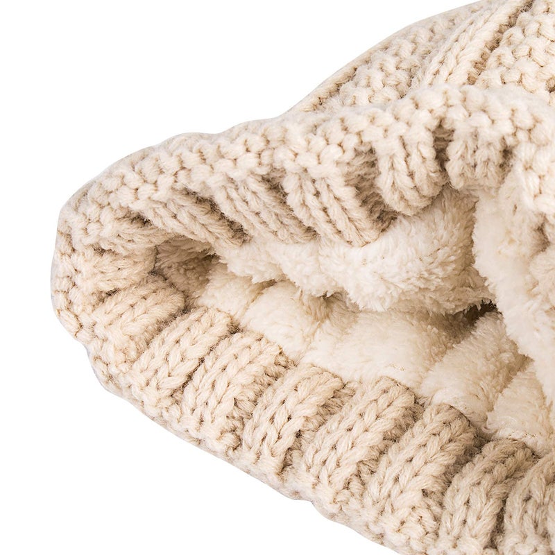 PAGE ONE Womens Winter Thick Cable Knit Beanie Faux Fur Pom Hat Fleece Lined Skull Cap Beige - Image 3